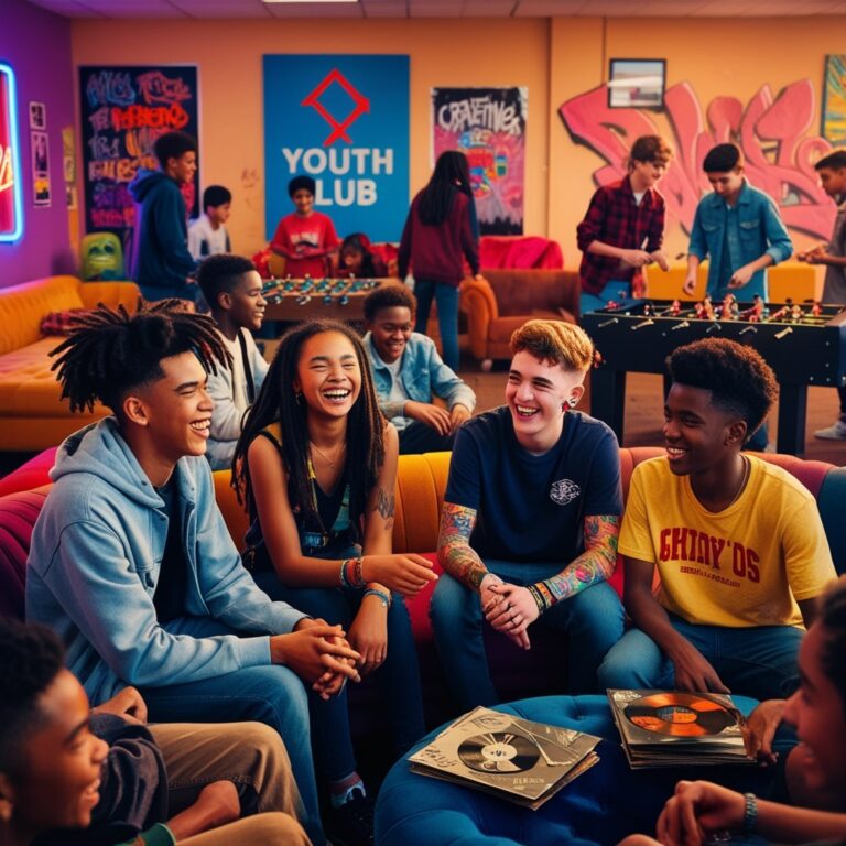 A bustling youth club scene with teenagers and young people